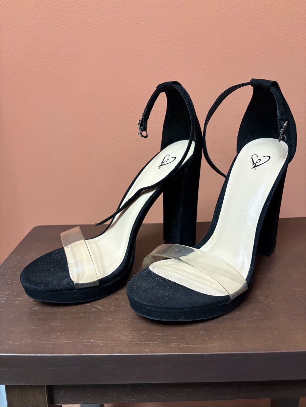 Windsor Black Block Heel Sandals with Clear Toe Strap